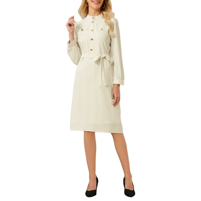 Vestido A-Line de Botones para Mujer INSPIRE CHIC con Mangas Largas Abullonadas y Cintura Ajustable, Casual de Negocios, Largo hasta la Rodilla, 2XL Beige