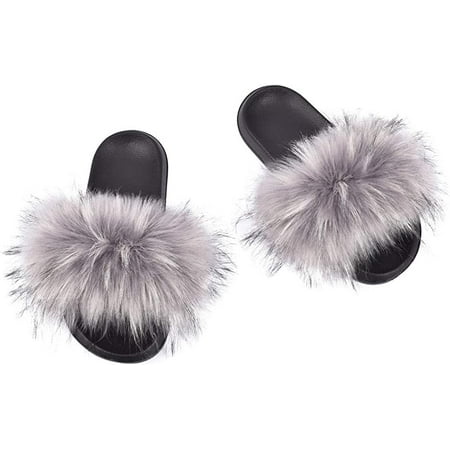 

Women Faux Fur Decor Flat Slippers Fluffy slides