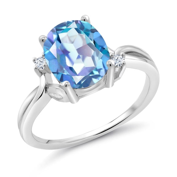 Gem Stone King 925 Sterling Silver Millennium Blue Mystic Quartz and White Created Sapphire 3 Stone Ring for Women (3.03 Cttw, Oval 10X8MM, Gemstone Birthstone, Size 7)