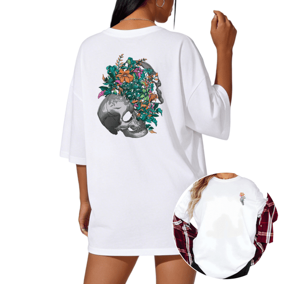 UNISHE Women's Vintage Botanical Skull Art Print Short Sleeve T-Shirt White Casual Crewneck S-5XL Top