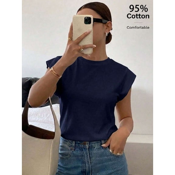 Navy Blue Crew Neck Short Sleeve Cotton T-Shirt For Women Casual Summer Top