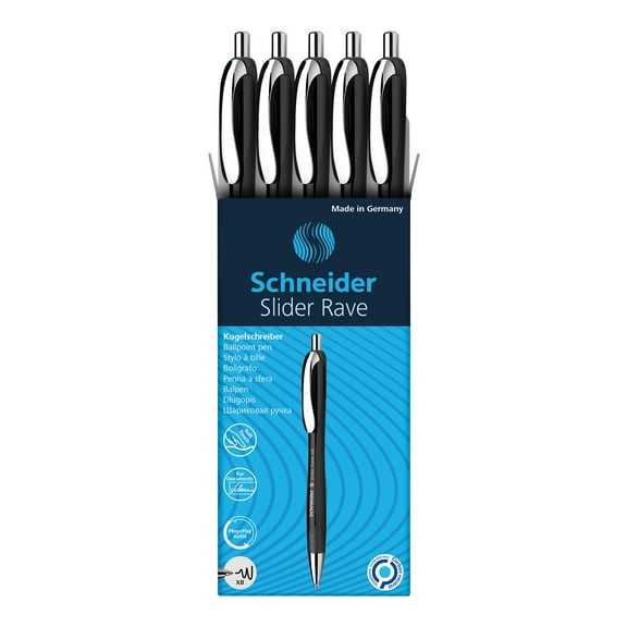 Schneider Slider Rave XB Retractable Ballpoint Pens, Black Barrel/Blue Ink, Box of 5