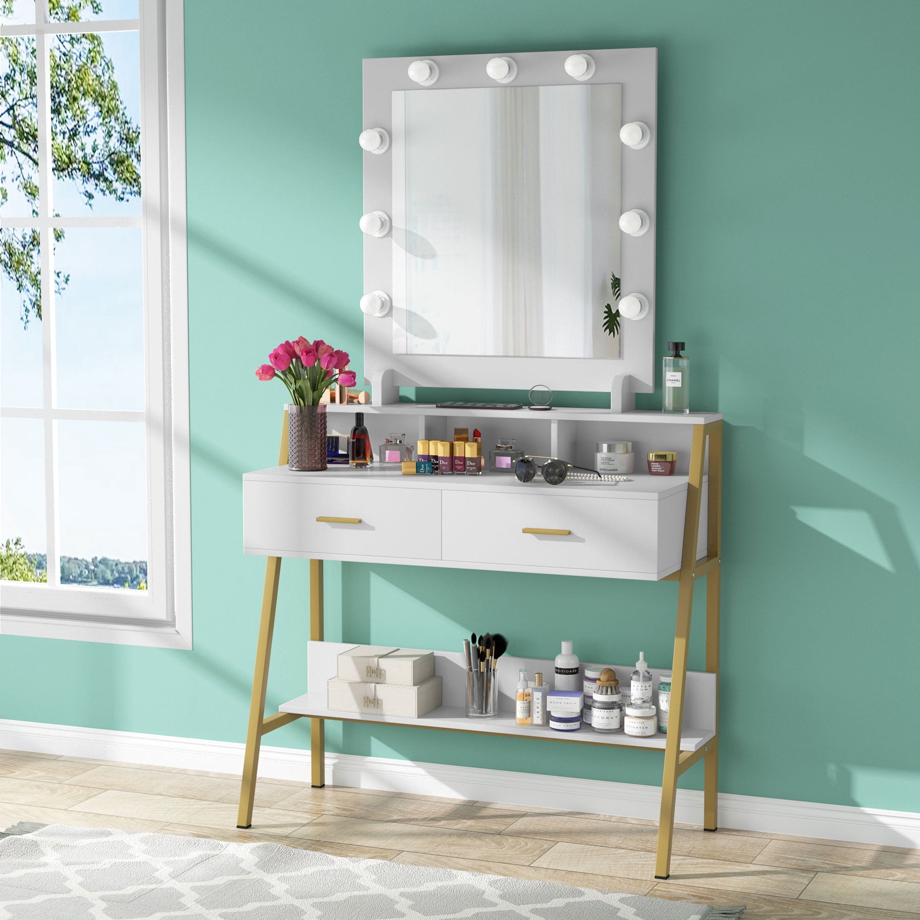 Ladies Table Vanity Table with Lighted Mirror, Makeup Vanity Desk with 2 Drawers and ...