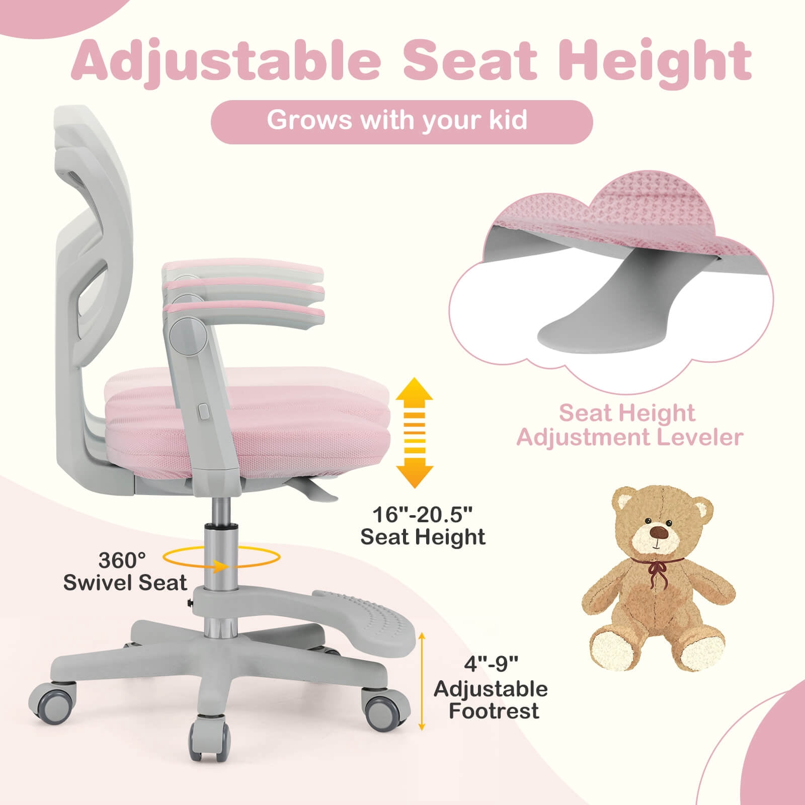 Costway Kids Desk Chair Children Study Chair with Adjustable Height, Armrest & Footrest Pink