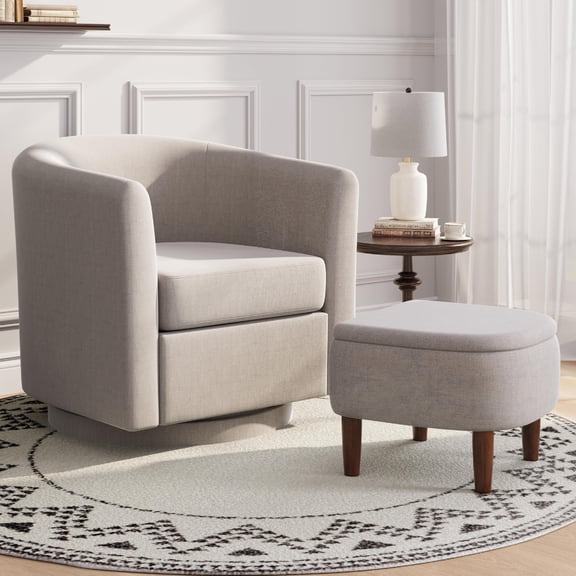 Swivel Accent Chair With Storage Ottoman, Upholstered Barrel Chair Armchair Footrest Set For Living Room Bedroom Reading Nook, Modern Space Saving Fabric Single Seat, White, 2 Pieces