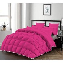 D.N.G. BEDDINGS Luxurious 5 Piece Pom Pom Half Pinch Pleated Comforter Set, 800 Thread Count, 100% Egyptian Cotton, White Vintage Pom-Pom Fringe Super Soft (Twin/Twin XL Size Solid Hot Pink Color)