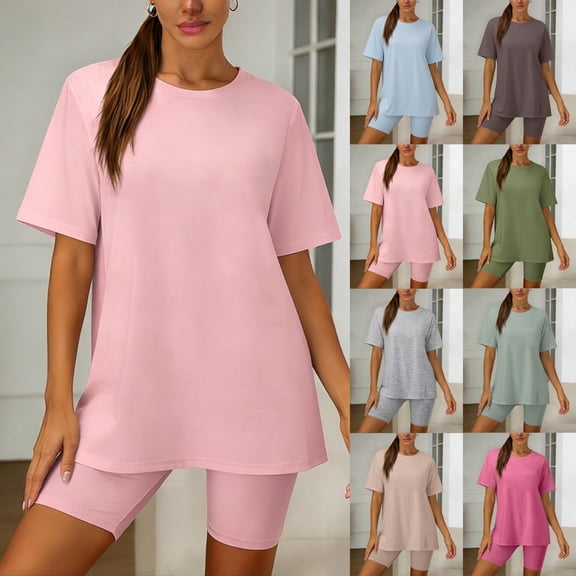Shadoumai Womens 2 Piece Sets Summer Outfits Lounge Set Oversized Crewneck Tshirts Biker Shorts Sets Casual Matching Clothing