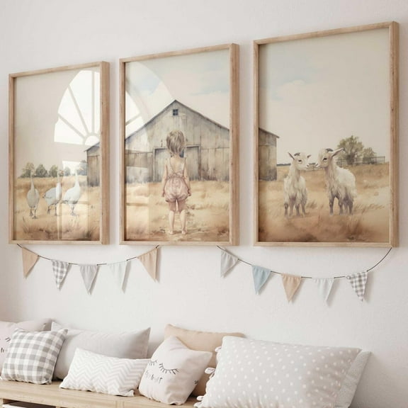 Luvia Farm Nursery Decor, Farmhouse Nursery, Goats & Geese Farm Animals, Set Of 3 Girls Room, Countryside Art, Girl, Modern Wall Decor Set 3 Prints 8x12 UNFRAMED