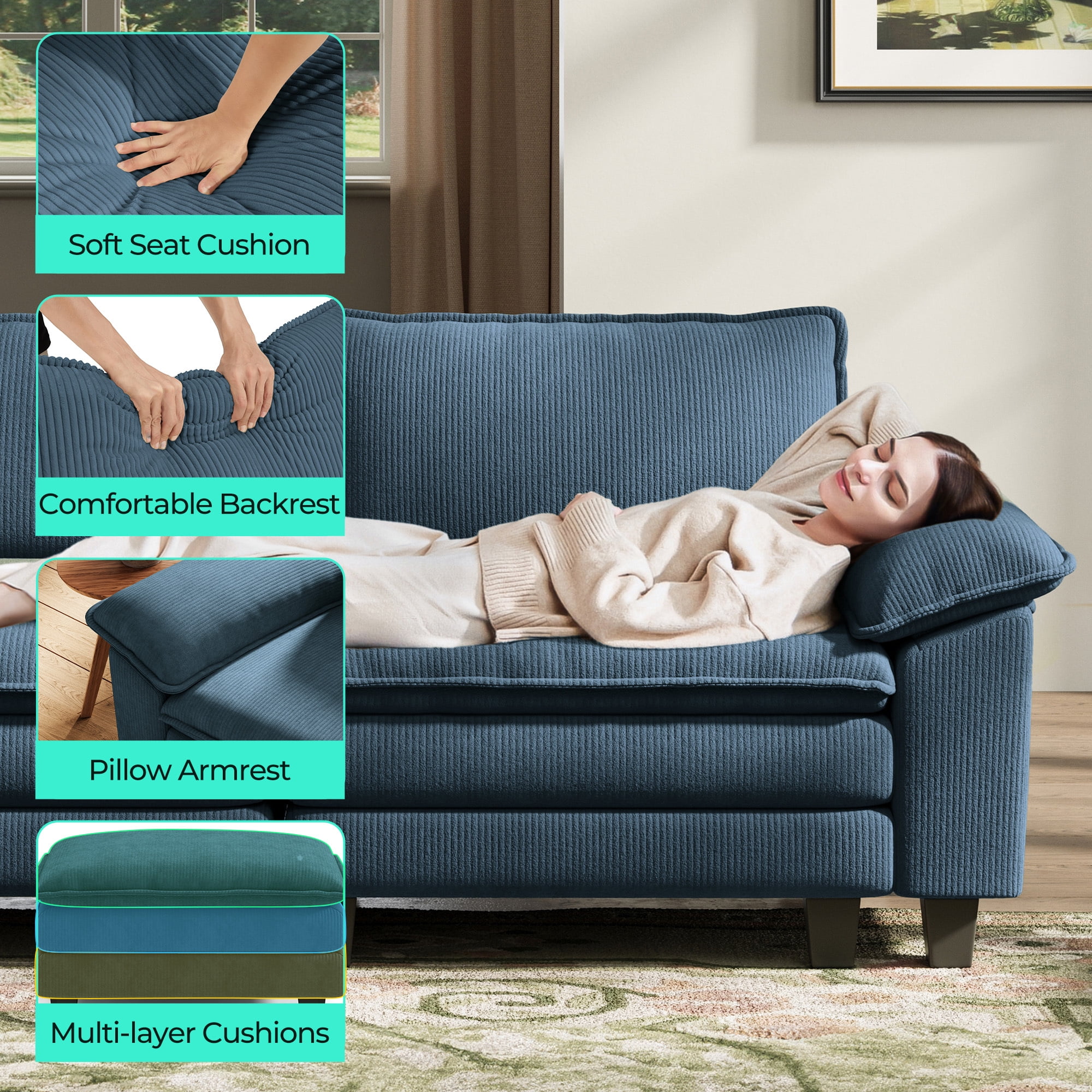 LINSY HOME Modular Sectional Sofa with 2 Movable Ottomans, 4-Seat U Shaped Cloud Couch for Living Room, Blue