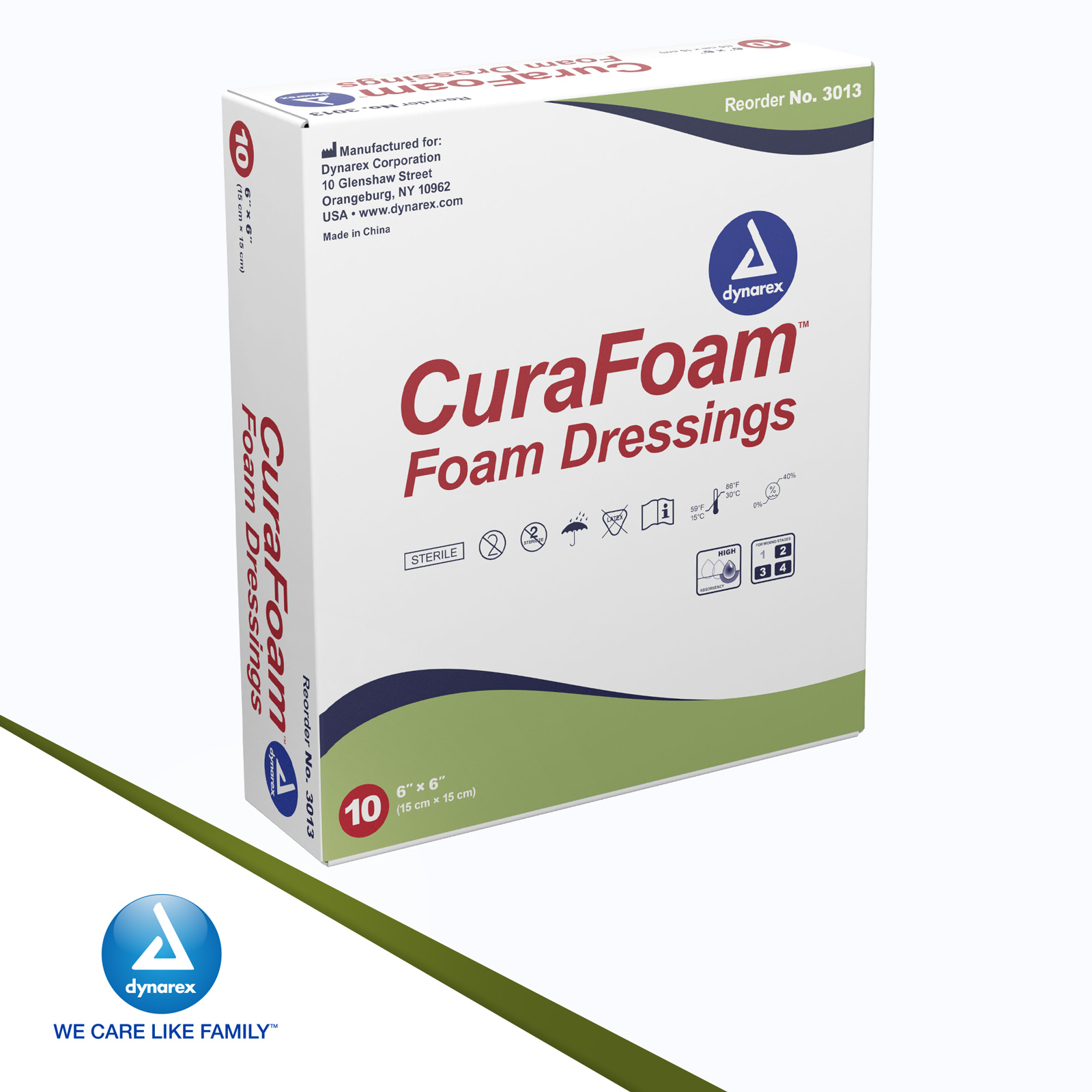 Dynarex CuraFoam Foam Dressings, Non-Bordered, Sterile, Provides Cushioned and Moist Wound Care, Used for Medium to Heavy Exuding Wounds, 6" x 6", 1 Box of 10 CuraFoam Dressings