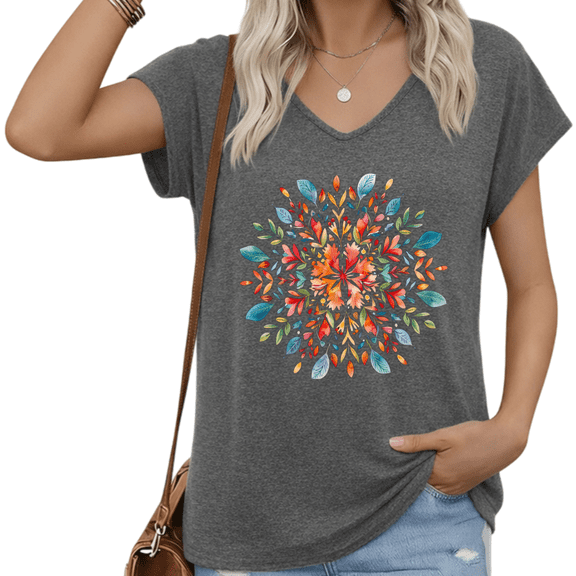 UNISHE Women's Dark Grey Watercolor Mandala Floral V-Neck T-Shirt Boho Colorful Graphic Soft Cotton Casual Loose Top S-5XL