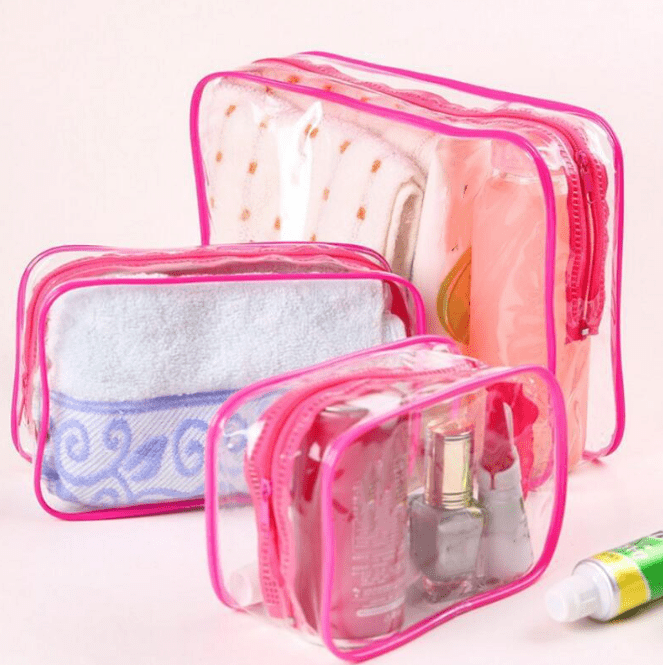 PandaTop 3 Pack Clear Travel Toiletry Bags for Men Women, TSA Approved Toiletry Bag Transparent Portable Travel Makeup Bags Set, Carry on Travel Accessories Bag with Zipper(Red, 3 Size )