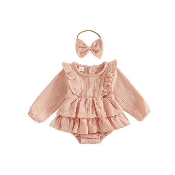 Cjfdfy Newborn Baby Girls Fall Romper Clothes Solid Ruffled Long Sleeve Bubble Dress Bodysuit And Bow Headband Infant Cute Jumpsuit Fall Winter Outfit 0-18 Months