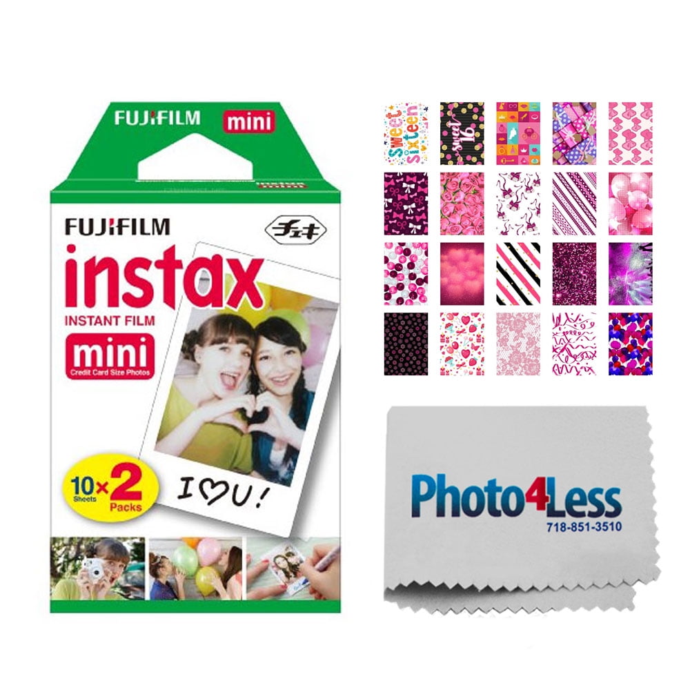 Fujifilm instax mini Instant Film (20 Exposures) + 20 Sticker Frames for Fuji Instax Prints Sweet 16 Package + Photo4Less Cleaning Cloth ? Deluxe Accessory Bundle