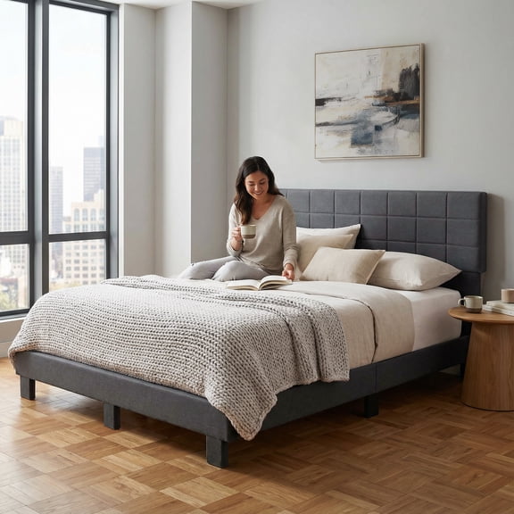 BSHTI KING Size Upholstered Platform Bed Frame – No Box Spring Needed, Square Tufted Headboard, Solid Wood Frame, Center Support Leg, Under-Bed Storage, Easy Assembly, Dark Grey