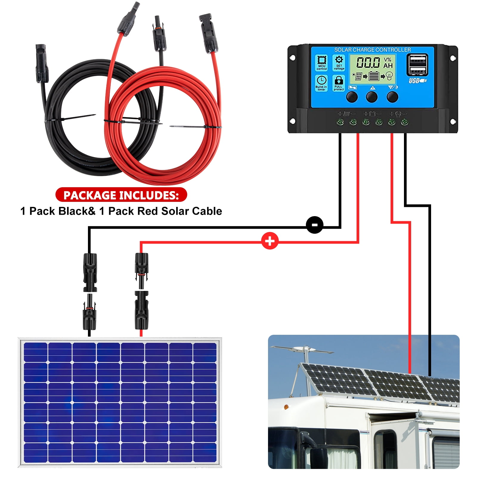Solar Panel Extension Cable 30FT 10AWG, 6mm² Solar Extension Cable Wire with Female Male Waterproof Connectors for RV, Photovoltaic Systems