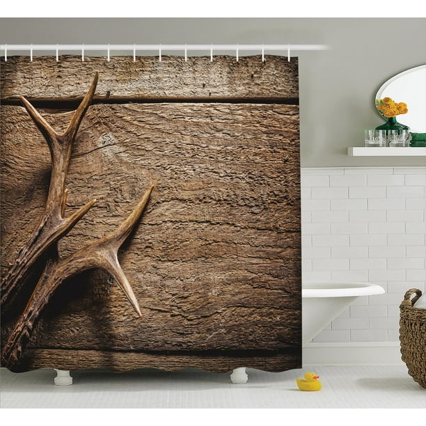 Antlers Decor Shower Curtain Set, Deer Antlers On Wood Table Rustic