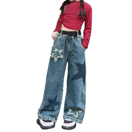 KAUOD Girls Baggy Jeans Denim Elastic Waist Wide Leg Pants, Kids Star Casual Distressed Jeans with Pockets Streetwear Clothes