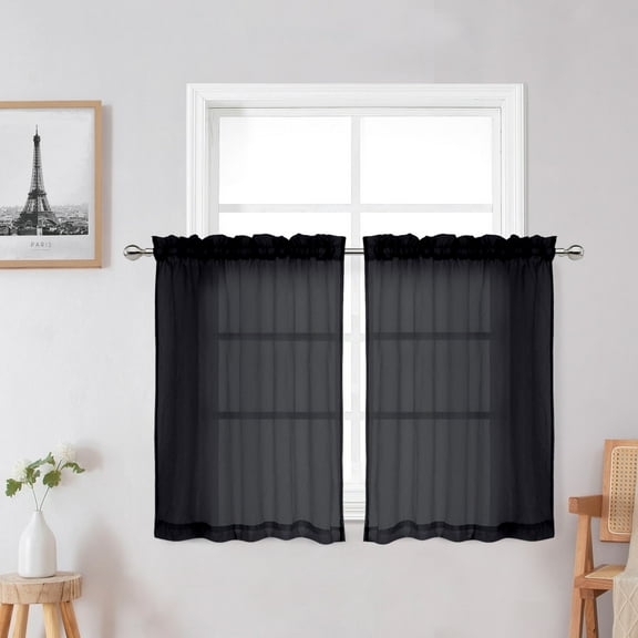 OVZME Black Sheer Curtains 36in Length, Short Crushed Voile Kitchen Curtians for Small Window Bathroom Cafe Living Room Farmhouse with Rod Pocket,2PCS, 42W x 36L inch, Black