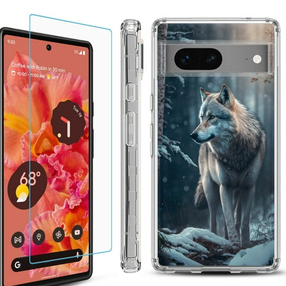 OneToughShield ® Compatible with Google Pixel 8, Shockproof Phone Case, with Tempered Glass Screen Protector - Wolf Winter