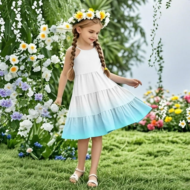 Pisexur Robe d'Été pour Filles à Dégradé, Manches à Volants, à Étages, Décontractée, Fluide, Évasée, pour Préadolescentes, avec Poches, Bleu, 9 Ans