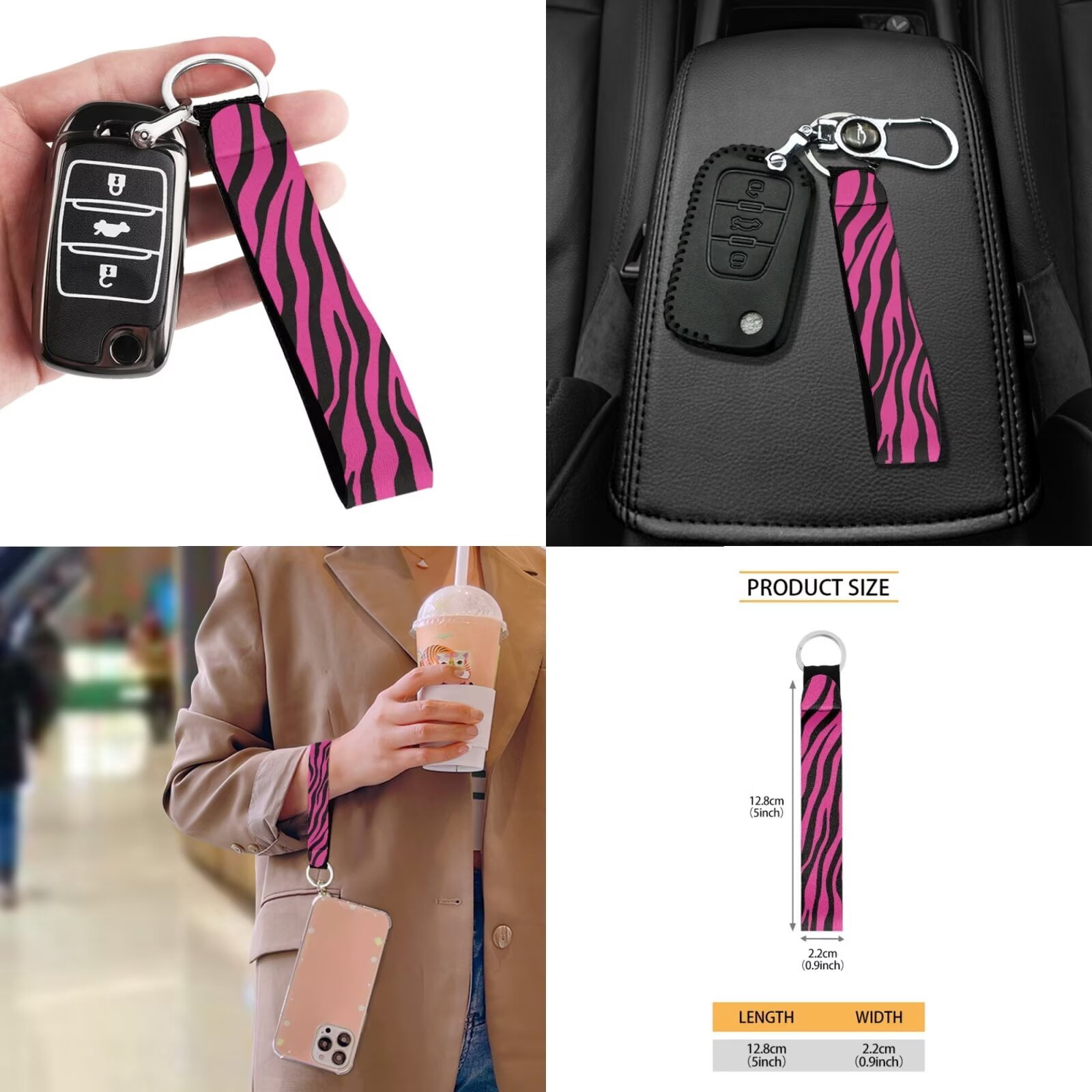 Garronmavis Pink Zebra Stripe Car Seat Cover Full Set of 11pcs with Headrest Protector Lanyards Key Chain Cup Pad Gear Shift Knob and Handbrake Sleeve Automotive Seat Cover Accessories