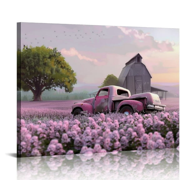 JRXY Farmhouse Wall Art, Farmhouse Truck Floral Canvas Wall Art, Rustic Floral Landscape Pictures Wall Art, Purple Truck With Lavender Canvas Prints For Rustic Home Decor Ready To Hang 32x48'' 20x16in