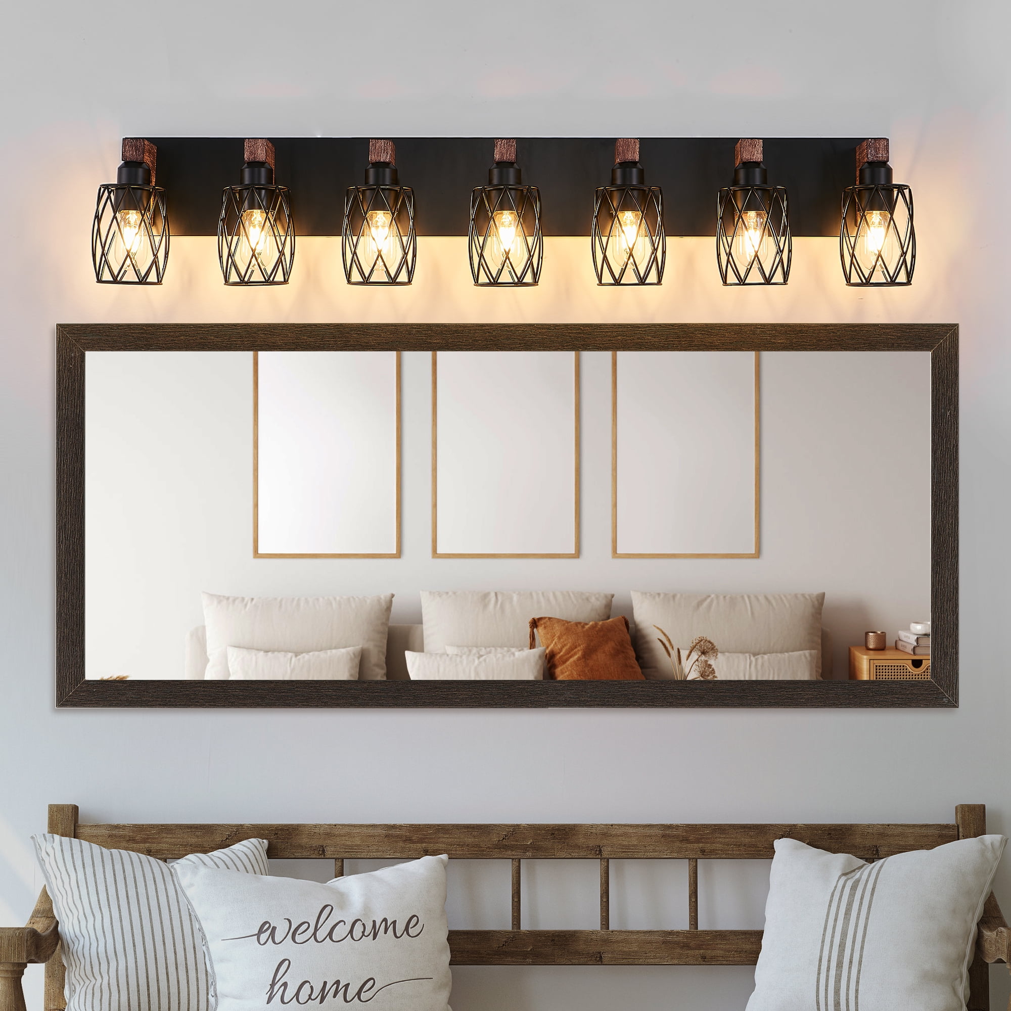 Farmhouse Bathroom Bathroom Vanity Light , 7 Light with Metal and Glass Lampshade, Wood Rustic Lighting Fixtures Over Mirror（44.3inch）