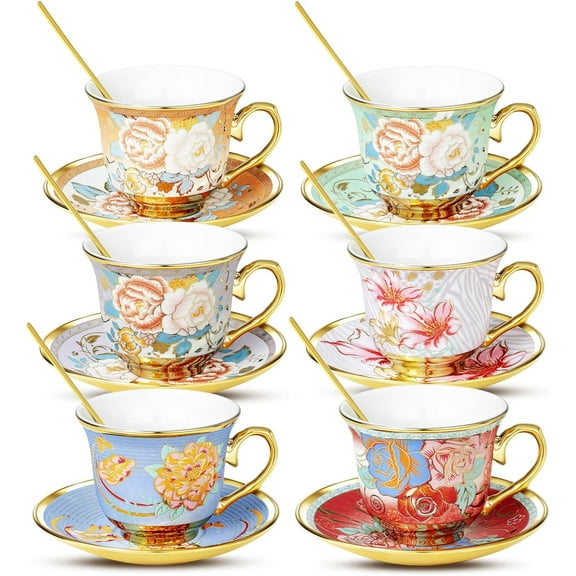 Tea Cups and Saucers, Tea Cup Set of 6, 8 OZ Floral Cups Porcelain Cup Set for Cappuccino, Coffee, Afternoon Tea Birthday Party Supply Christmas gift
