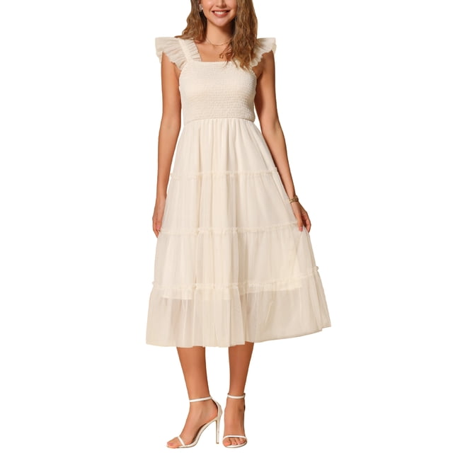 Vestido midi sin mangas de verano INSPIRE CHIC para mujer, con volantes y capas de tul, vestido de fiesta, color albaricoque, talla M