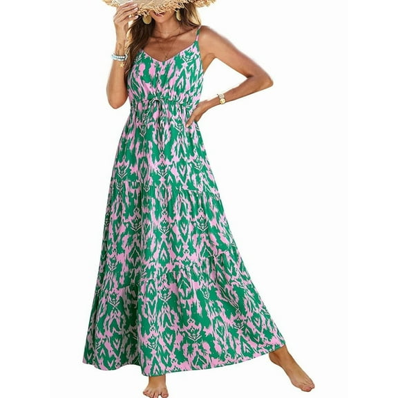 Summer Dress Casual Womens Boho Dress Sleeveless Printed Long Tiered Maxi Dress Beach Dress Green L