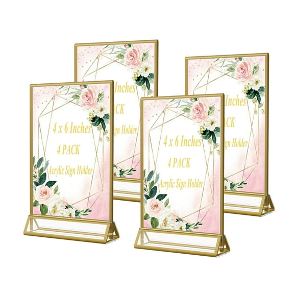 EKINIYAR Acrylic Sign Holder 4X6 inch, 4 Pack Wedding Table Number Frames Vertical , Double Sided Display Gold Picture Frame, Clear Menu Holders for Wedding Reception, Party Decoration