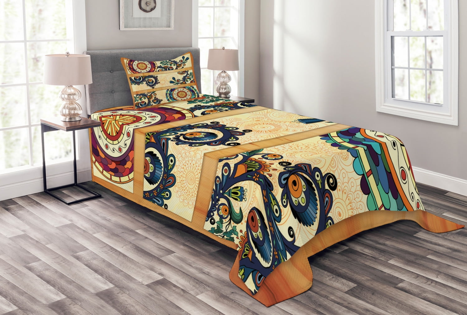 Batik Bedspread Set, Oriental Vintage Paisley Batik Pattern with