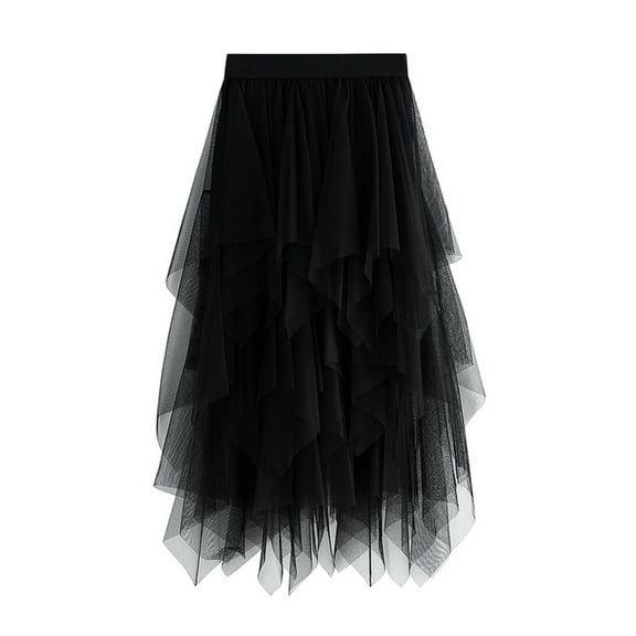 Women Tutu Tulle Skirt High Waist Mesh Tiered Layered Half Skirt Short Prom Party Midi Skirt (A Black,One Size)