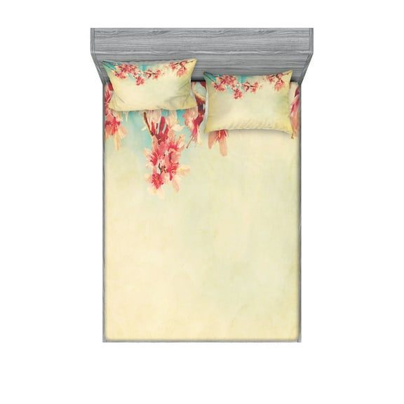 Ambesonne Floral Fitted Sheet & Pillow Sham Set, Spring Sakura Vintage, Full, Beige Pink Teal