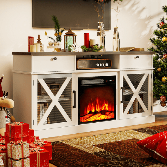 BREEZEHEAT 58" Farmhouse Fireplace TV Stand with 18" Electric Fireplace for TVs up to 65''