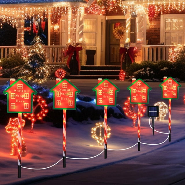 Luces solares de Navidad LED, forma de elementos clásicos, modo de color cálido, luces solares para el suelo, decoración al aire libre para vacaciones de jardín y patio, uno a cinco, luces decorativas