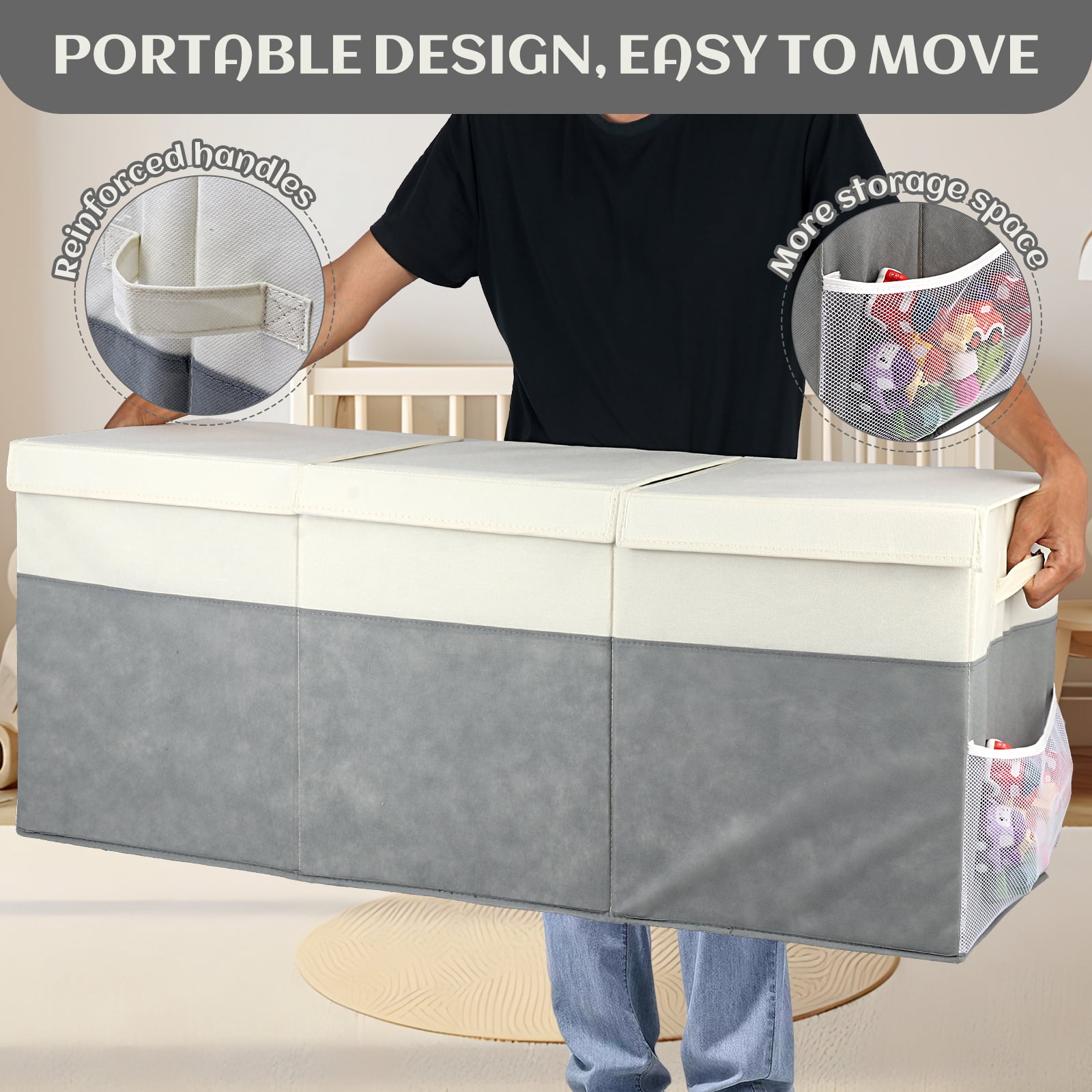 FIIOEOY Extra Large Collapsible Toy Storage Box with Lid, Divider & Mesh Pockets, 40”x14”x16”, White & Gray
