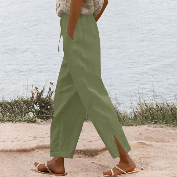 Roncen Women's Solid Linen Wide-Leg Pants - Casual Loose Fit Trousers with Drawstring Waist for Everyday Comfort