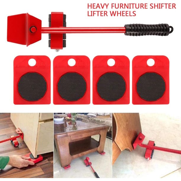 Kit de movimiento de muebles pesados sin esfuerzo, kit de movimiento de muebles, palanca de muebles y kit de carro, 1 barra de elevación y 4 ruedas móviles, hasta 300 kg