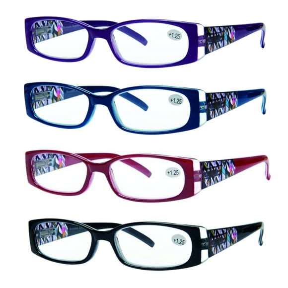 Success Eyewear READING GLASSES 4 Pack Quality Readers Spring Hinge Stylish Designed Womens Glasses for Reading Set of Black, Blue, Red, Purple 2.25