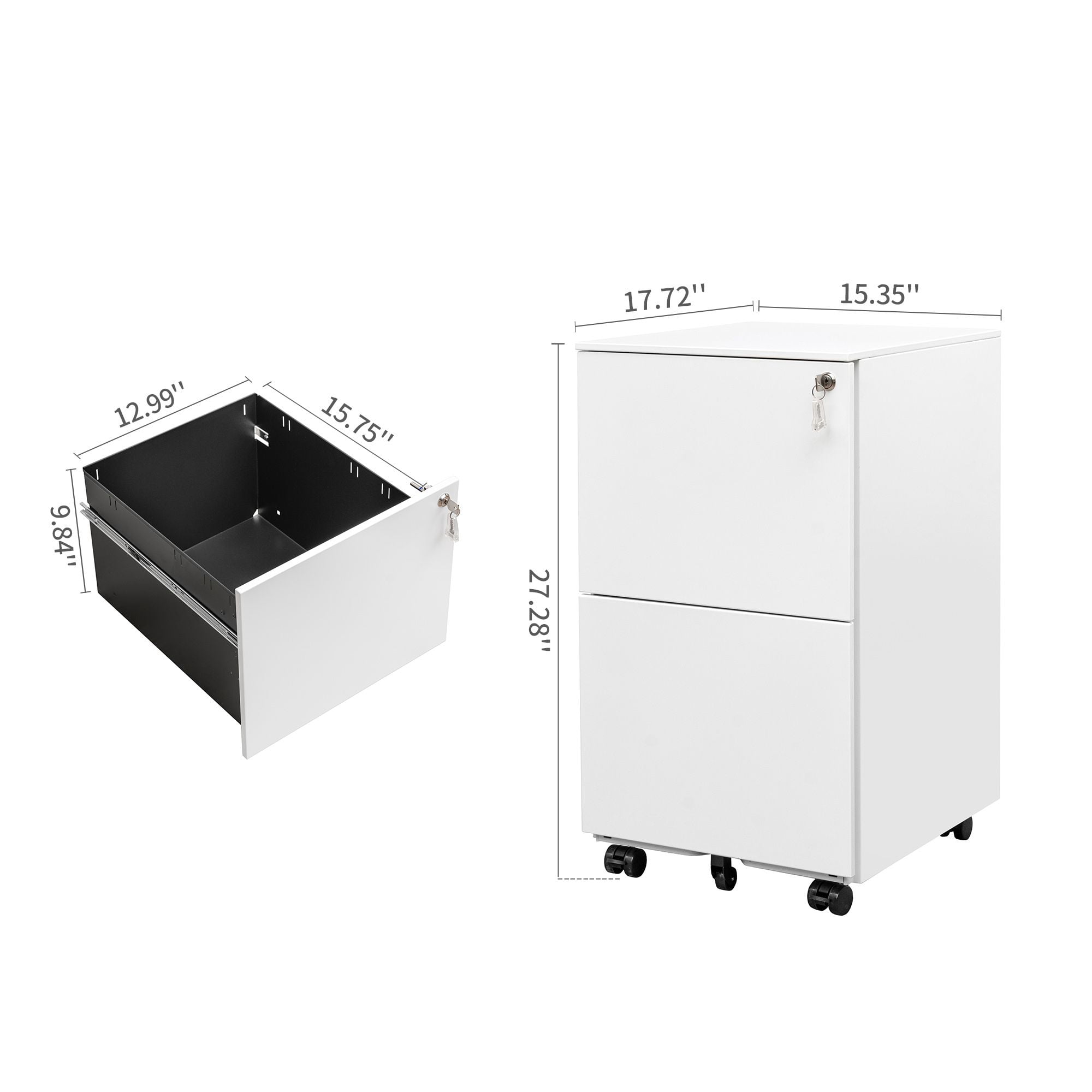 DEALTOPS Modern File Cabinet with 1 Lock and 2 Drawers for Legal/Letter A4 Size, Rolling Steel Storage Cabinet for Home and Office - White