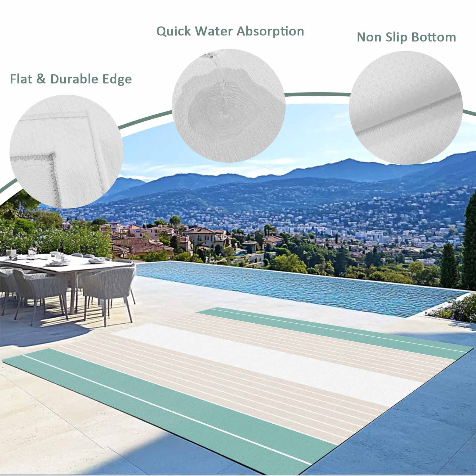 Turquoise Beige Stripe Outdoor Rug 3x5 Ft - Reversible Patio Rug Outdoor Camping Rugs, Modern Art Horizontal Striped Washable Indoor Outdoor Area Rugs, Non-Slip Outdoor Carpet Runner for Deck/Porch