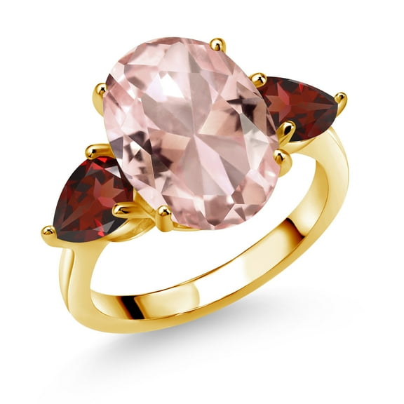 Gem Stone King 18K Yellow Gold Plated Silver Peach Nano Morganite and Red Garnet Ring for Women (10.74 Cttw, 14X10MM Oval and 7X5MM Pear Shape, Gemstone October Birthstone, Size 9)