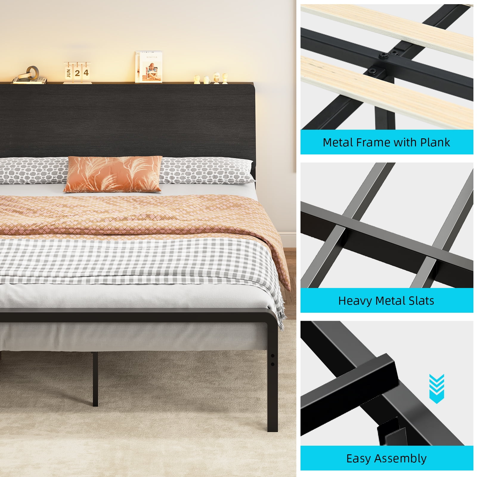 4 EVER WINNER Queen Bed Frame with Storage Headboard and LED Light, Metal Platform Bed Frame with Wooden Headboard, No Box Spring, Black