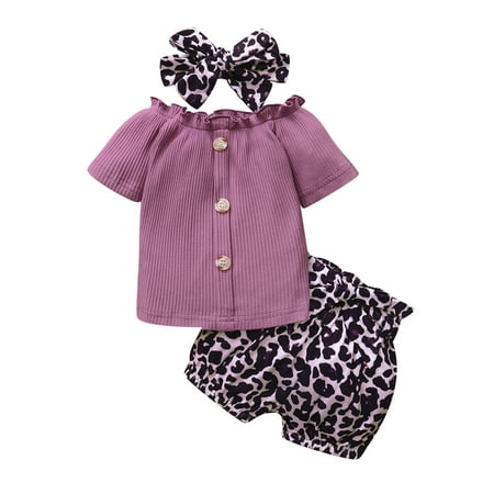 

DNDKILG Infant Baby Toddler Girls 3 Piece Outfits Leopard Summer Short Sleeve Bow T Shirts and Shorts Set Clothes Set with Headband Purple 6M-3Y 70