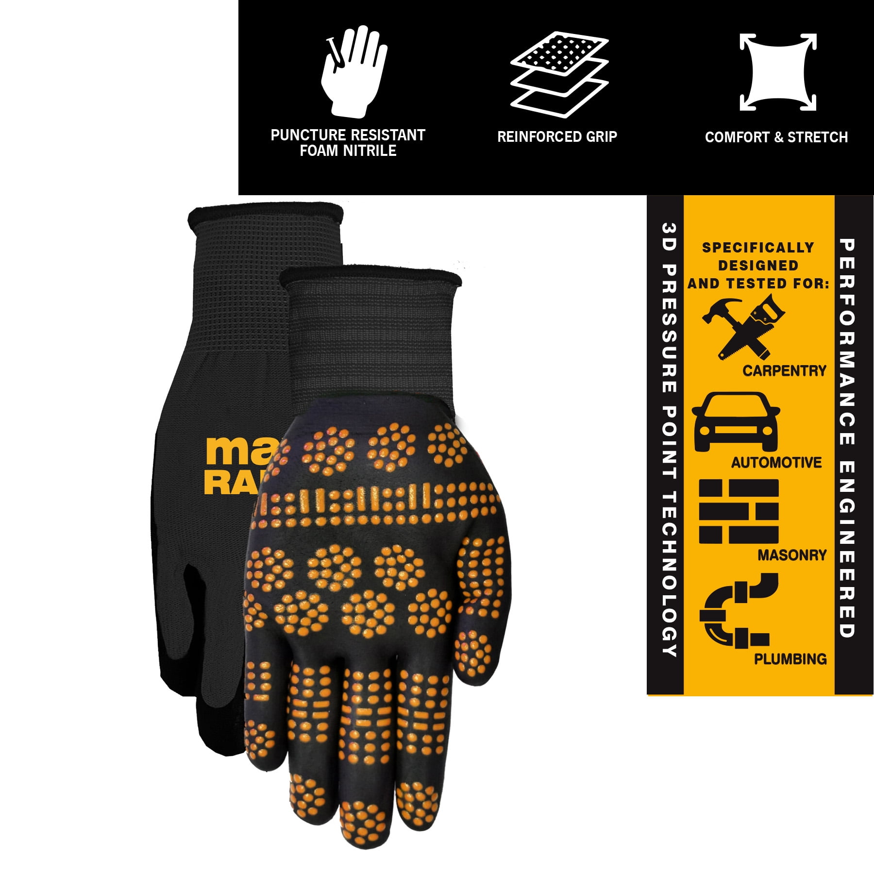 MidWest Gloves & Gear, Unisex, 6 Pack of Radial Max Grip™ Gloves, Black and Yellow, Size SM