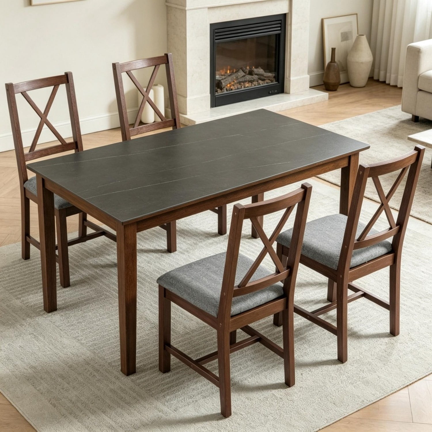 4-Piece Mid-Century Modern Dining Chairs, Walnut Finish with Gray Linen-Look Upholstery, X-Back, Padded Seat, Solid Rubberwood Frame, Armless, 264 lb Capacity