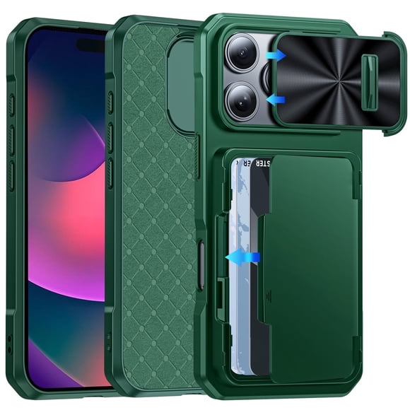 Oupeigar para iPhone 16 Pro con Tarjetero (4 Tarjetas), Cubierta Deslizante para Cámara, Protección contra Caídas, Parte Trasera Rígida Resistente, Funda de Teléfono Tipo Billetera con Borde de Silic