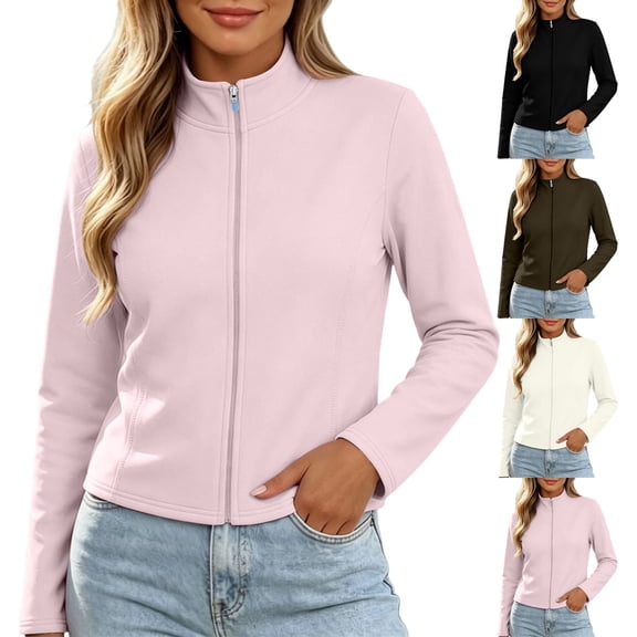 Ashyfjp Zip Up Jackets for Women Casual Solid Color Long Sleeve Mock Neck Lightweight Track Jacket, Size (S-XXL)